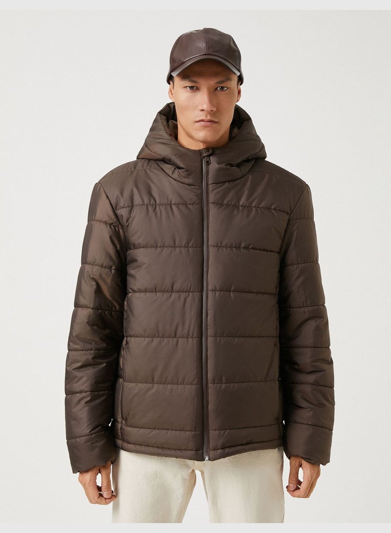 Basic Puffer Coat Zippered Hooded Pocket Detail