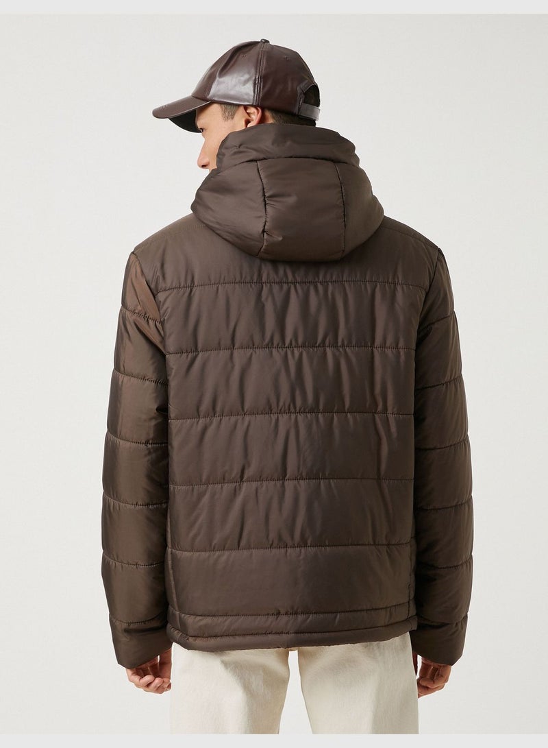 Basic Puffer Coat Zippered Hooded Pocket Detail