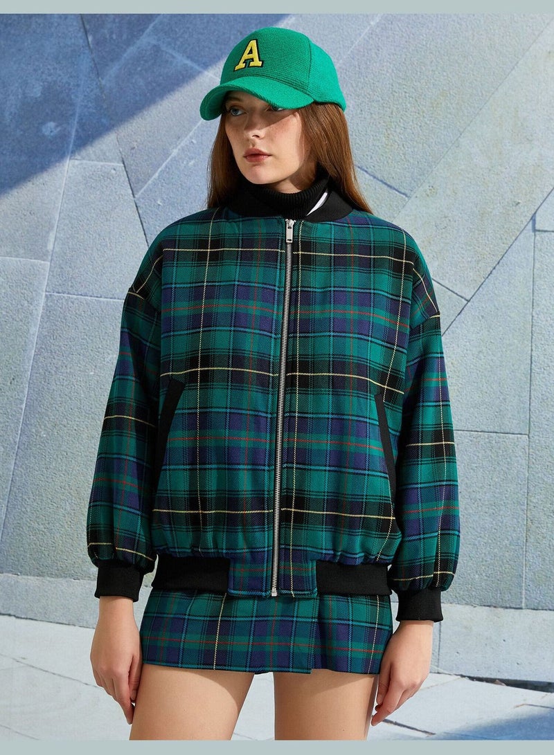 Zipper Plaid Bomber Jacket