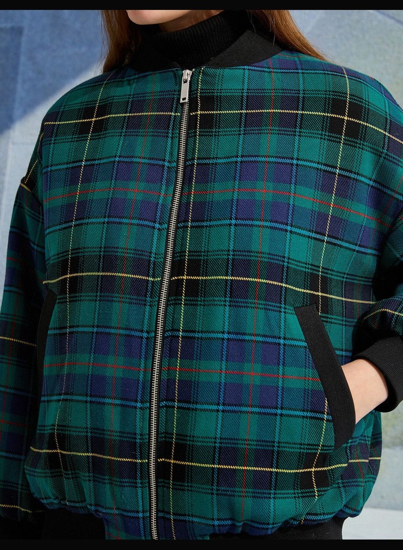 Zipper Plaid Bomber Jacket