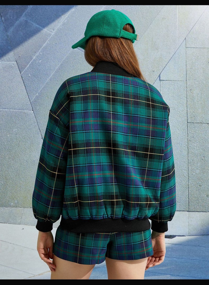 Zipper Plaid Bomber Jacket