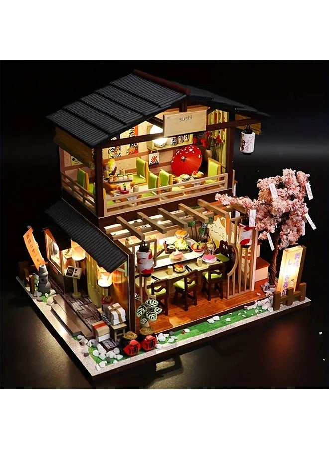 1:24 DIY Miniature Dollhouse Kit with Furniture and LED Light,Japanese Sushi Shop Wooden Dollhouse.