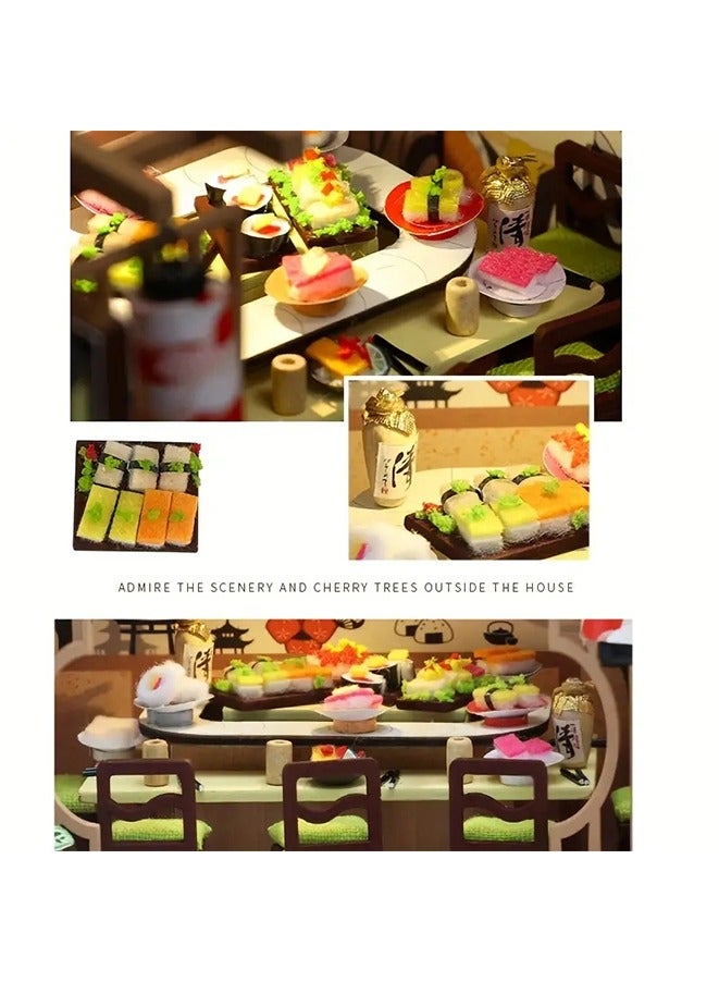 1:24 DIY Miniature Dollhouse Kit with Furniture and LED Light,Japanese Sushi Shop Wooden Dollhouse.