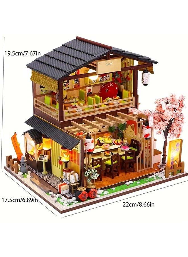 1:24 DIY Miniature Dollhouse Kit with Furniture and LED Light,Japanese Sushi Shop Wooden Dollhouse.