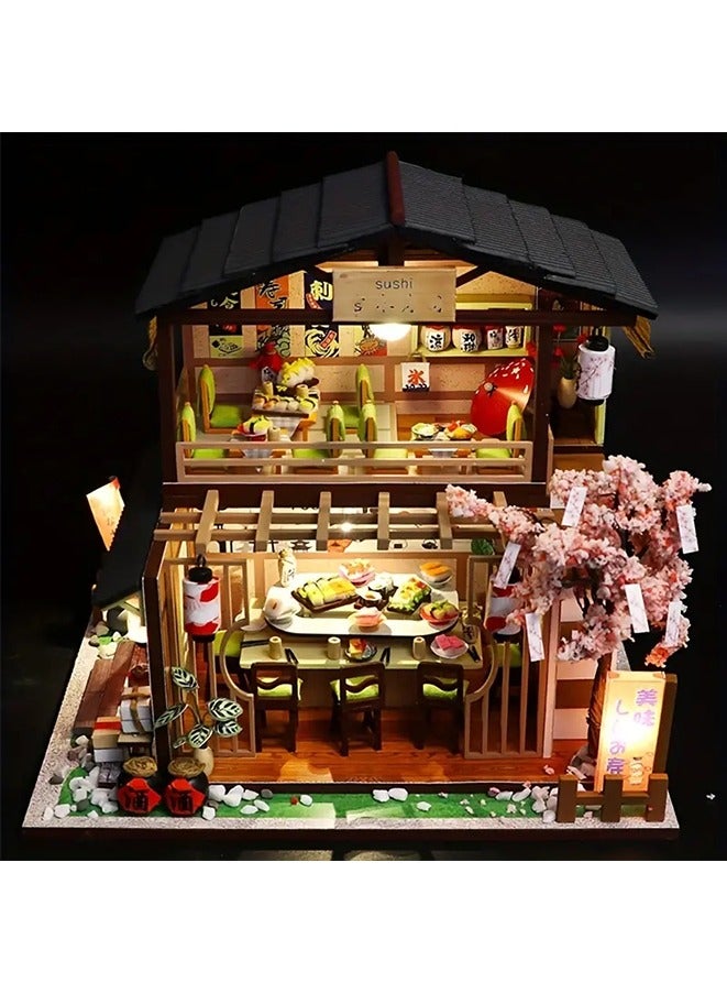 1:24 DIY Miniature Dollhouse Kit with Furniture and LED Light,Japanese Sushi Shop Wooden Dollhouse.