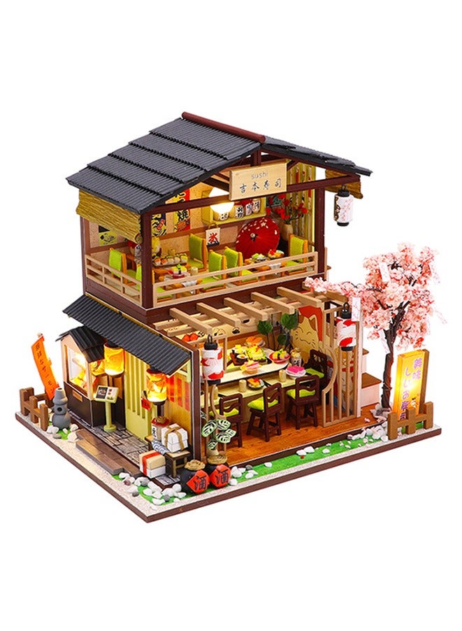 1:24 DIY Miniature Dollhouse Kit with Furniture and LED Light,Japanese Sushi Shop Wooden Dollhouse.