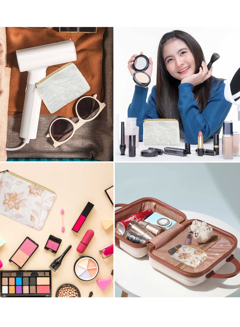 Embroidery Makeup Bag, 2Pcs Soft Floral Makeup Bag, for Purse Pocket Cosmetic Pouch Lipstick Storage Container Portable Zipper Organizer, Portable Toiletry Bag, White & Beige