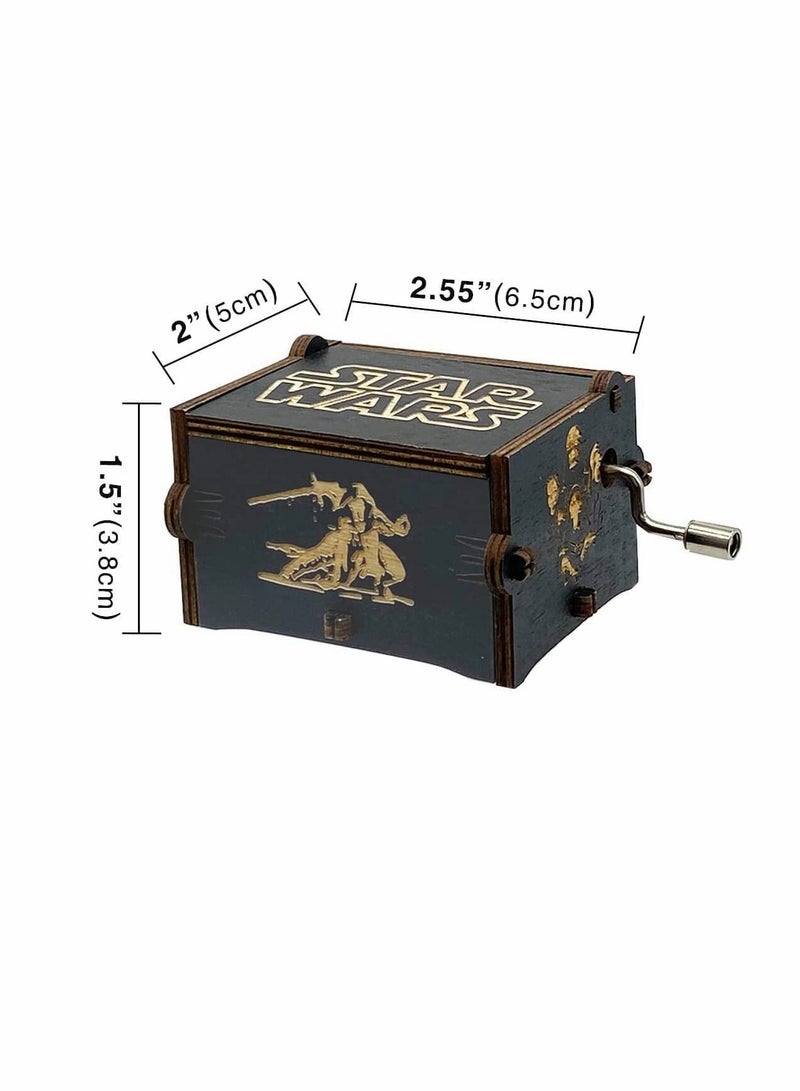 Star Wars Wooden Music Box, Hand Crank Vintage Musical Decor, Laser Engraved Mini Antique Gift for Weddings, Birthdays, and Special Occasions, Unique Home Decoration (Black)