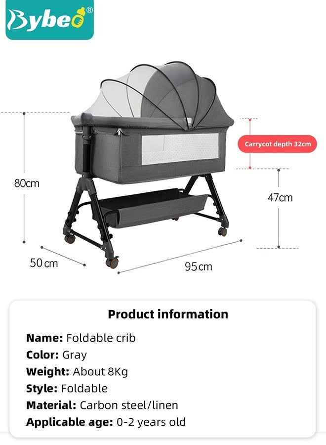 4Pcs Bedside Baby Crib, Portable Folding Babies Bassinet with Mosquito Net, Mattress, Diaper Changing Station, and 360° Swivel Wheels, Height Adjustable Nursery Bed for Infant Newborn