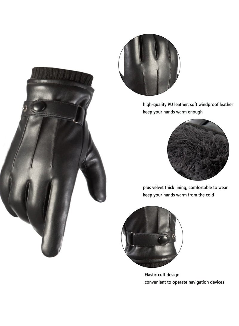 Men's Winter Warm Touchscreen Leather Gloves Adjustable Thermal Driving PU Leather Gloves