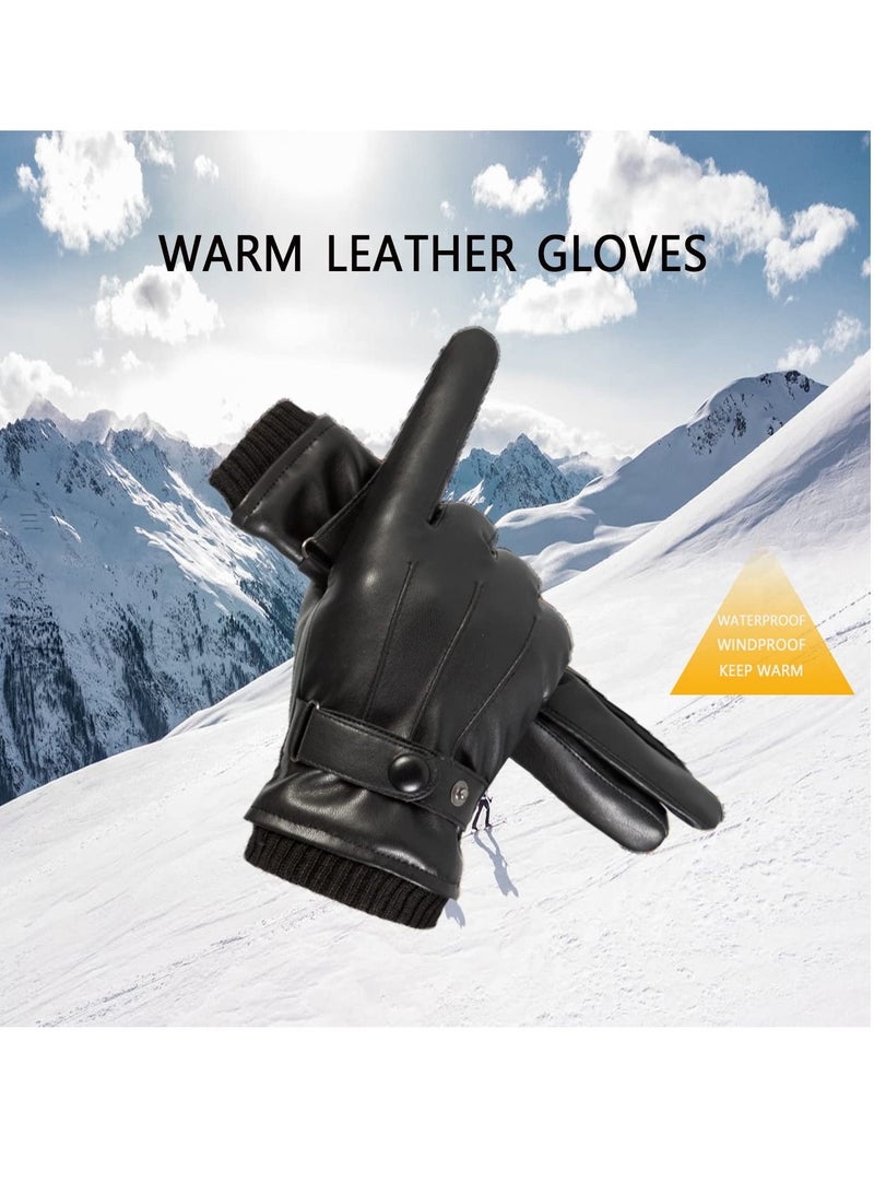 Men's Winter Warm Touchscreen Leather Gloves Adjustable Thermal Driving PU Leather Gloves