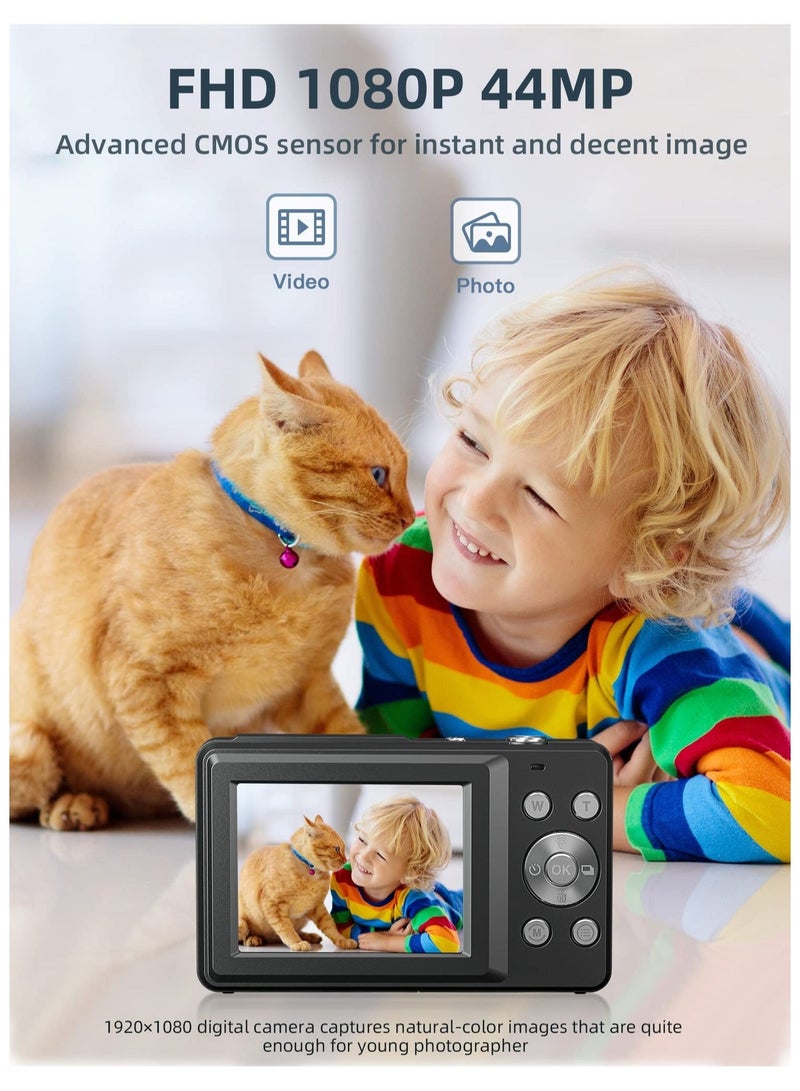 Digital Camera, FHD 1080P Kids Camera 44MP Point and Shoot Digital Camera with 32GB SD Card, 16x Zoom, Lanyard, Small Compact Camera for Kids Boys Girls