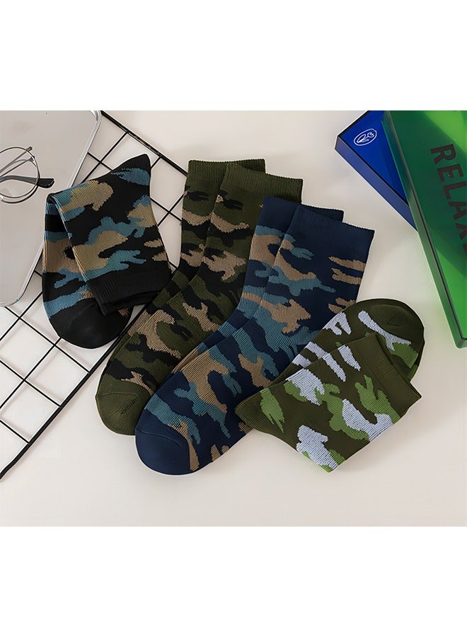 Men's Mid-Calf Camouflage Socks Round Neck Fashionable knitted Socks 4 Pairs Of Casual Socks Soft And Comfortable Socks