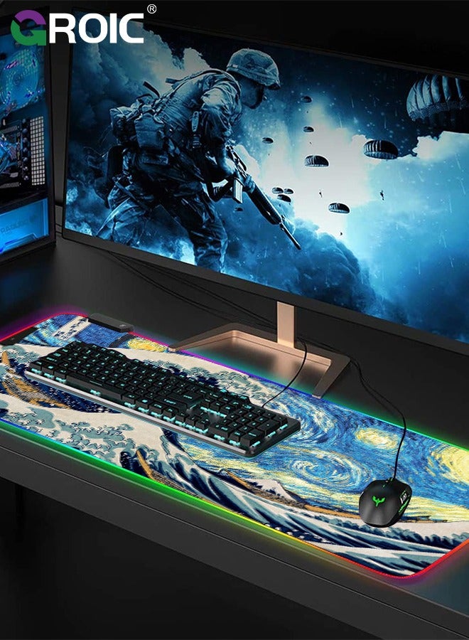 Gaming Mouse Pad, RGB Mouse Mat, Large with 7 LED Colors, and Waterproof Fabric Surface, Non-Slip Rubber Base for PC Laptop Keyboard