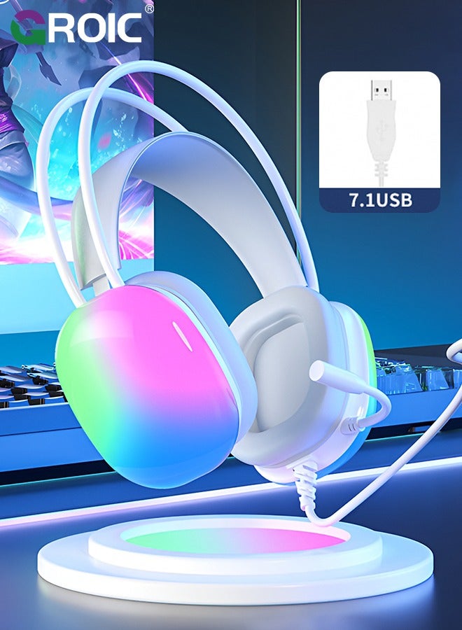 White Wired Gaming Headset, 6.8 foot Long Cable USB Headphones with Full RGB Earmuffs LED Headband, Game Sound Tech Headphones for PC MOBA FPS Games