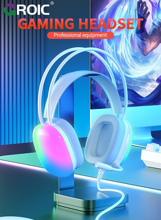 White Wired Gaming Headset, 6.8 foot Long Cable USB Headphones with Full RGB Earmuffs LED Headband, Game Sound Tech Headphones for PC MOBA FPS Games