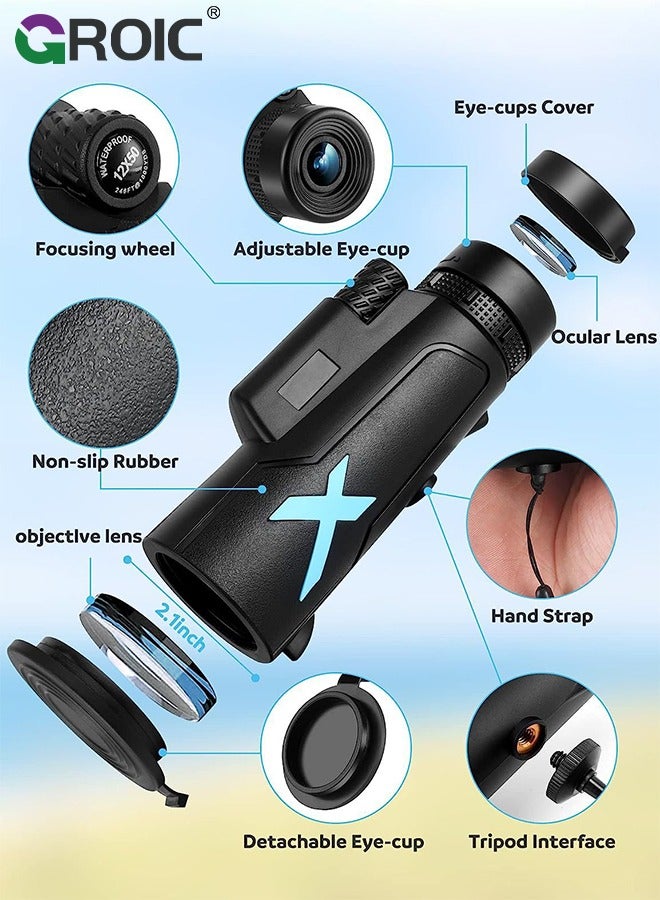 12x50 High-Power Monocular Telescope with Smartphone Tripod, Portable Bag - Ideal for Bird Watching, Hunting, Hiking, Camping - Large Vision for Adults and Kids with BAK4 Prism and FMC Lens Technology