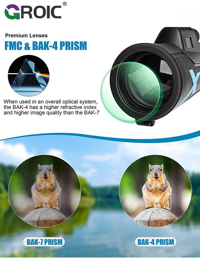 12x50 High-Power Monocular Telescope with Smartphone Tripod, Portable Bag - Ideal for Bird Watching, Hunting, Hiking, Camping - Large Vision for Adults and Kids with BAK4 Prism and FMC Lens Technology