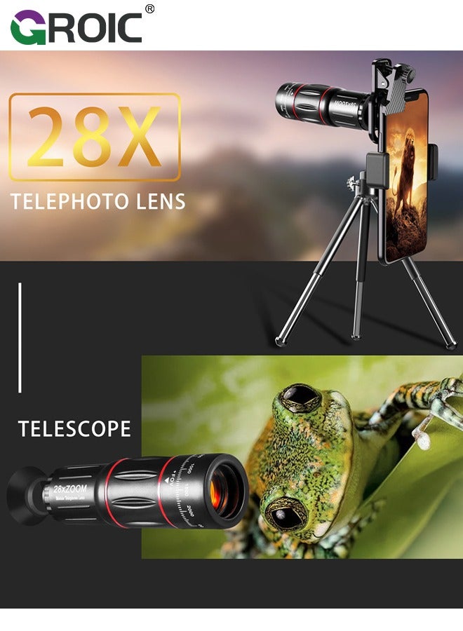 28X Telescope, Monocular Telescope Portable Telescope, 4 in 1 Phone Photography Kit, Lens Set with Flexible Phone Tripod, 28X Telephoto Lens, 198°Fisheye, 20X Macro & 0.6X Wide Angle Lens, Bag, etc