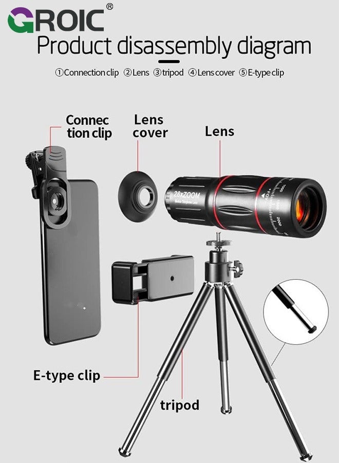 28X Telescope, Monocular Telescope Portable Telescope, 4 in 1 Phone Photography Kit, Lens Set with Flexible Phone Tripod, 28X Telephoto Lens, 198°Fisheye, 20X Macro & 0.6X Wide Angle Lens, Bag, etc