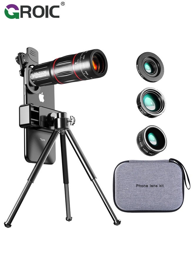 28X Telescope, Monocular Telescope Portable Telescope, 4 in 1 Phone Photography Kit, Lens Set with Flexible Phone Tripod, 28X Telephoto Lens, 198°Fisheye, 20X Macro & 0.6X Wide Angle Lens, Bag, etc