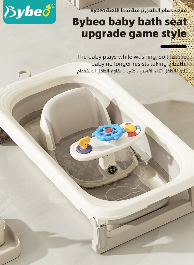 Baby Bath Seat, Baby Bathtub Seat with Water Thermometer, Infants Bathtub Chair with toys tray/ Strong Suction Cup/Non-Slip Soft Mat, Baby Bath Must-Have, with Shampoo Cap/Cup/Brush, Four ducky toys