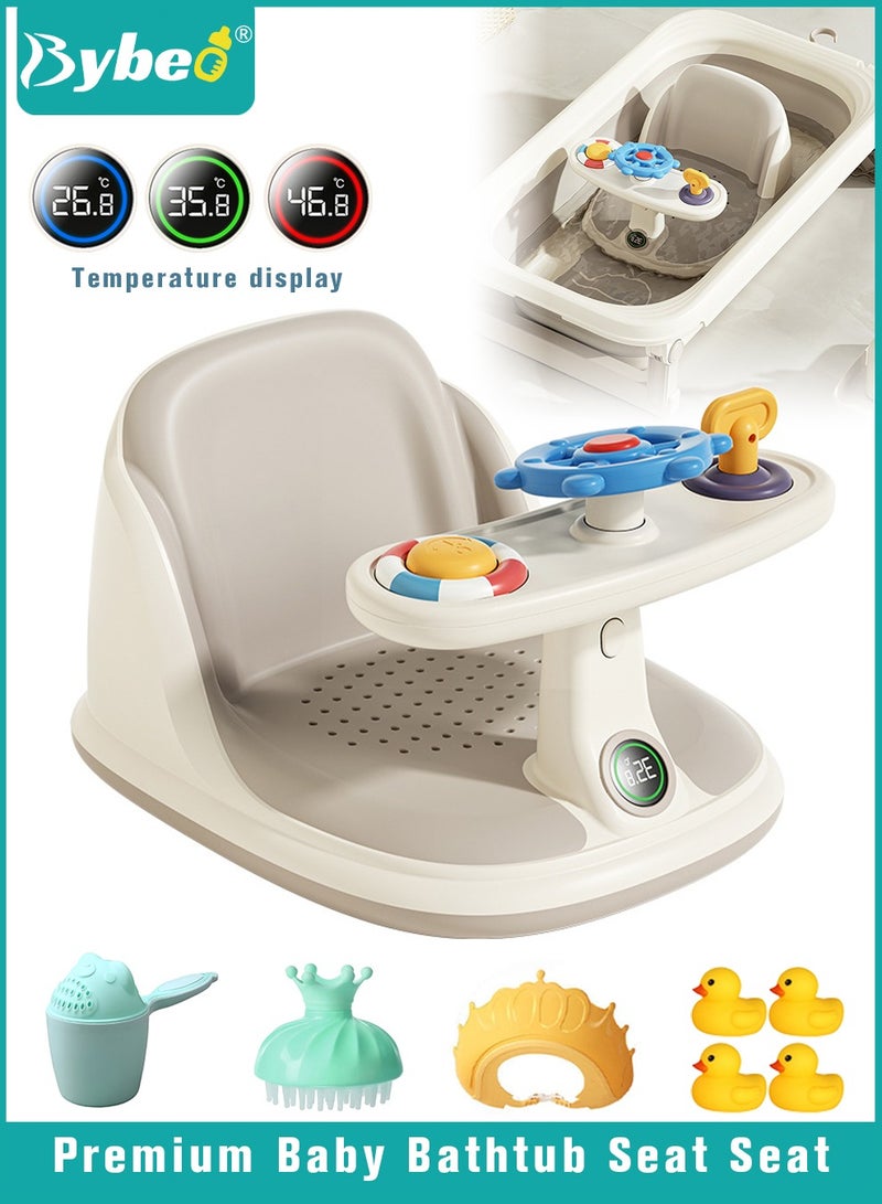 Baby Bath Seat, Baby Bathtub Seat with Water Thermometer, Infants Bathtub Chair with toys tray/ Strong Suction Cup/Non-Slip Soft Mat, Baby Bath Must-Have, with Shampoo Cap/Cup/Brush, Four ducky toys