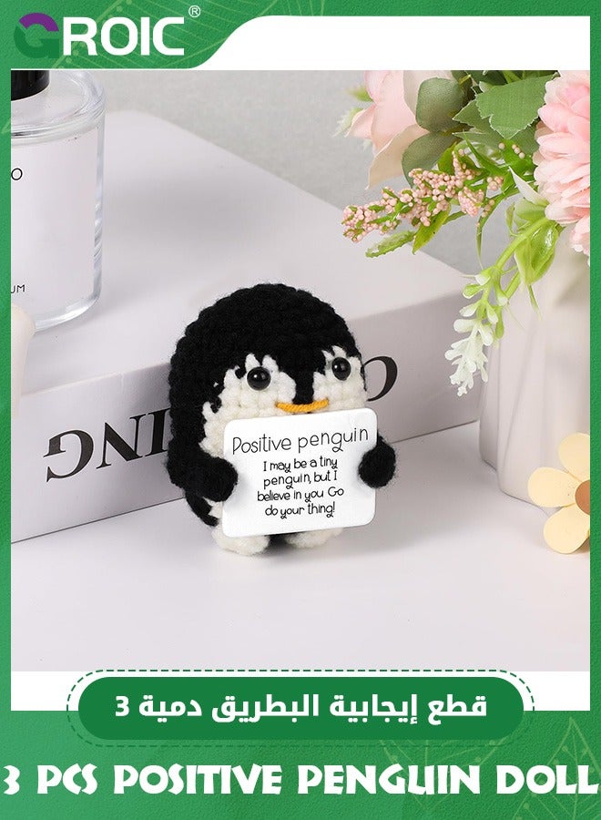 3 Pcs Cute Positive Penguin Doll, Funny Penguin Knitted Penguin Toys with Positive Card for Kids, Woolen Positive Penguin Ornaments Crochet Plushies Cheer Up Gift for Friends Encouragement Decoration