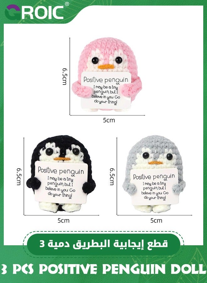 3 Pcs Cute Positive Penguin Doll, Funny Penguin Knitted Penguin Toys with Positive Card for Kids, Woolen Positive Penguin Ornaments Crochet Plushies Cheer Up Gift for Friends Encouragement Decoration