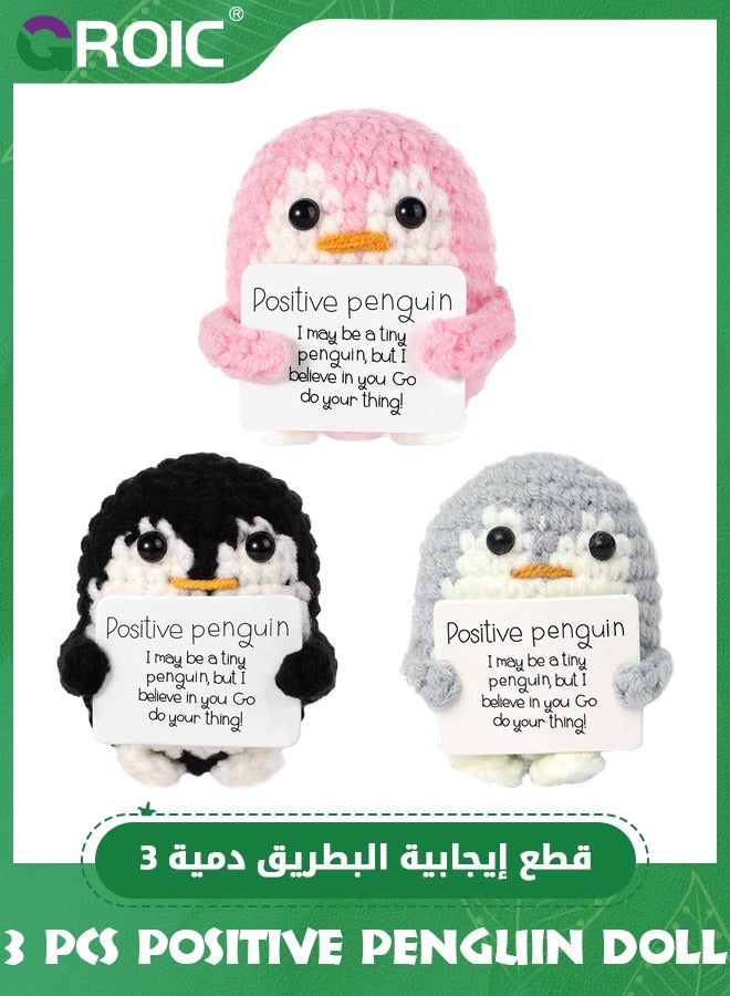 3 Pcs Cute Positive Penguin Doll, Funny Penguin Knitted Penguin Toys with Positive Card for Kids, Woolen Positive Penguin Ornaments Crochet Plushies Cheer Up Gift for Friends Encouragement Decoration