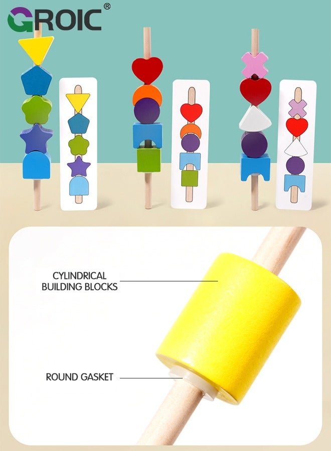 3 in 1 Wooden Color Sorting Stacking Toys, Montessori Toys Geometric Shape Matching Game Wooden Beads Sequencing Toy Set Lacing Beads Stem Fine Motor Skills for Toddlers