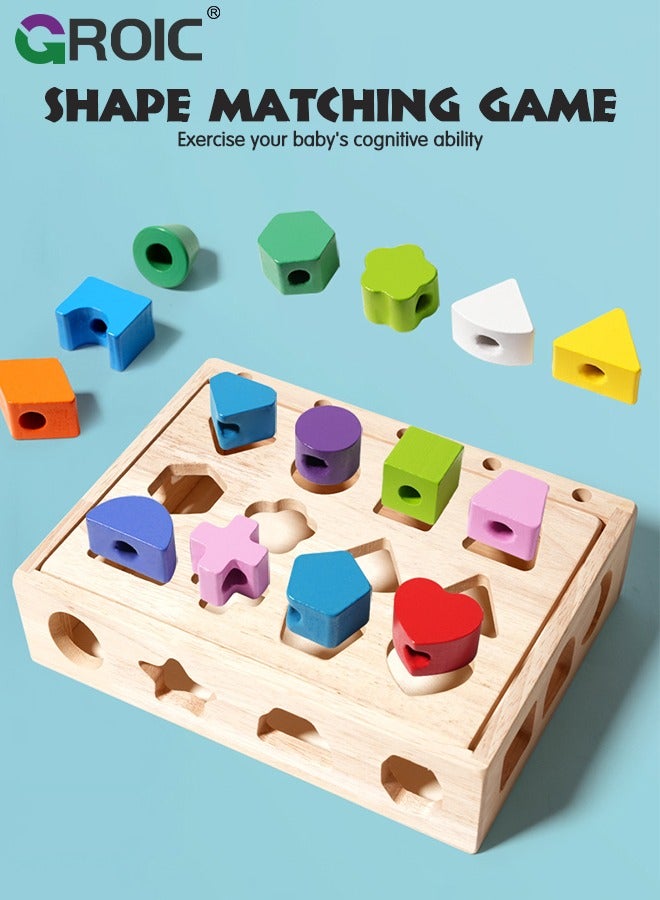 3 in 1 Wooden Color Sorting Stacking Toys, Montessori Toys Geometric Shape Matching Game Wooden Beads Sequencing Toy Set Lacing Beads Stem Fine Motor Skills for Toddlers