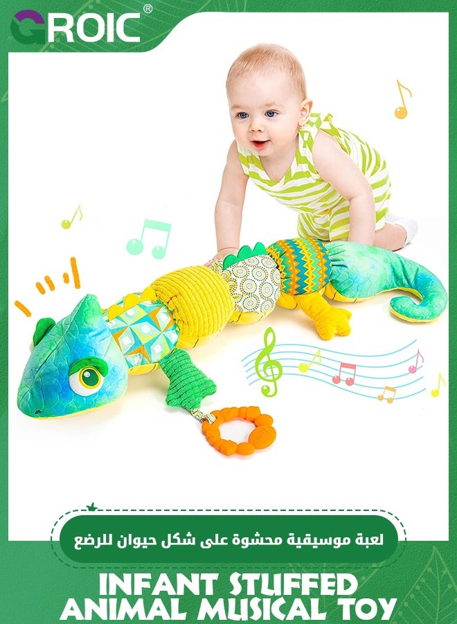 Baby Toys, Infant Stuffed Animal Musical Toy with Teether, Rattle, Textures and Crinkle - Montessori Sensory Activity Soft Height Gauge Toy for Tummy Time Newborn Babies Gifts, Chameleon