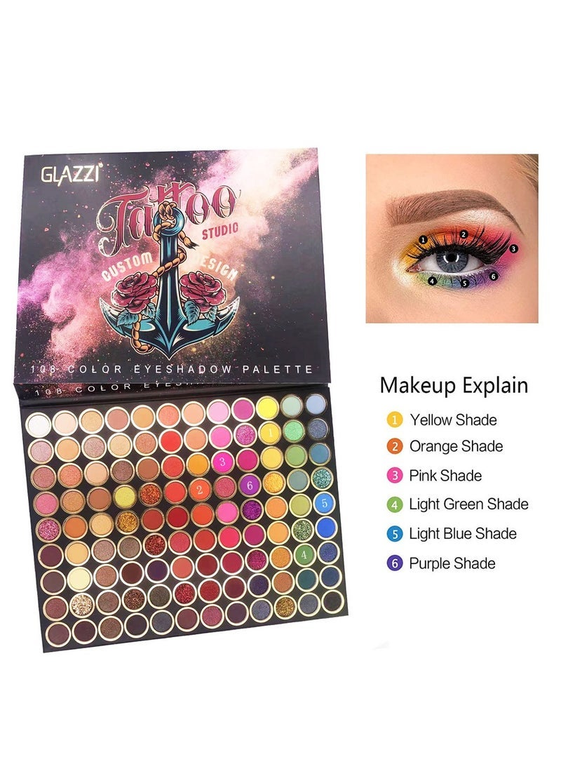 108 Colors Waterproof Makeup Palette, Earth Color, Multicolor, RainbowCCoral Color Tone, Pearly Glitter Matte Sequin Shimmer Finish