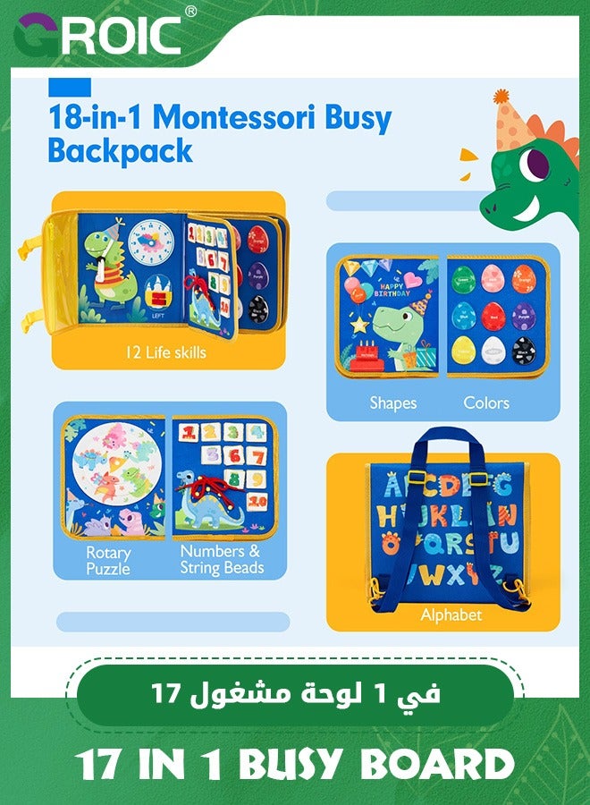 17 in 1 Busy Board Book for Toddlers, Kids Busy Backpack Montessori Toys, Dinosaur Toys Quiet Activity Book Preschool Learning Activities with 12 Life Skill Number, Shapes, Colors, Puzzles, Alphabet