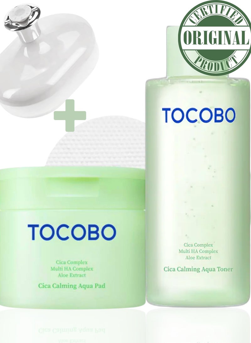 Tocobo Cica Aqua Calming Toner 200ml & Tocobo Toner Pad 150ml | Includes Face Scrubber | Calming, Hydrating, and Refreshing Skincare Set