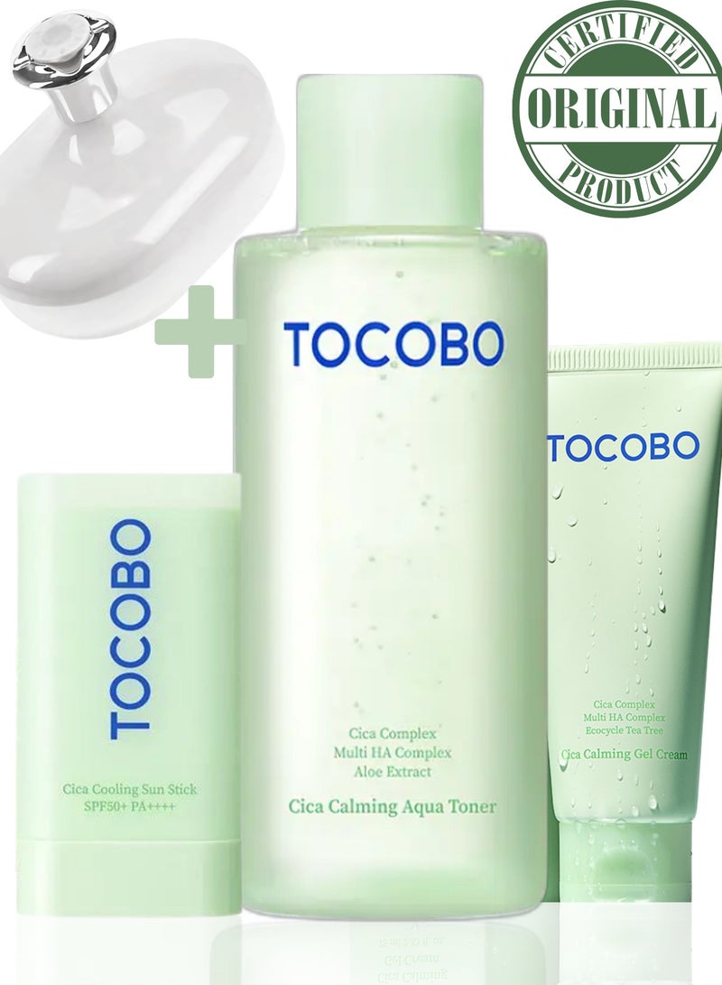 Tocobo Cica Aqua Calming Toner 200ml & Tocobo Cica Gel Cream 75ml & Cica Cooling Sun Stick | Includes Face Scrubber | Calming, Hydrating, and Protective Skincare Set