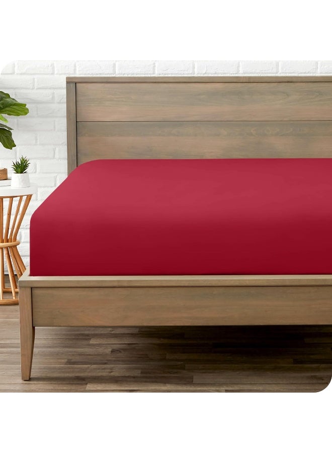 (Queen, Red) - Bare Home Fitted Bottom Sheet Premium 1800 Ultra-Soft Wrinkle Resistant Microfiber, Hypoallergenic, Deep Pocket