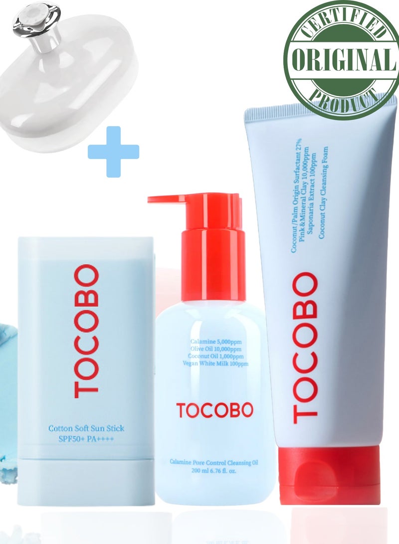 Tocobo Pore Cleansing Oil 200ml, Soft Sun Stick, Coconut Cleansing Foam 150ml, & Face Scrubber | Comprehensive Skincare Set for Deep Cleansing, Sun Protection, and Refreshing Cleanse