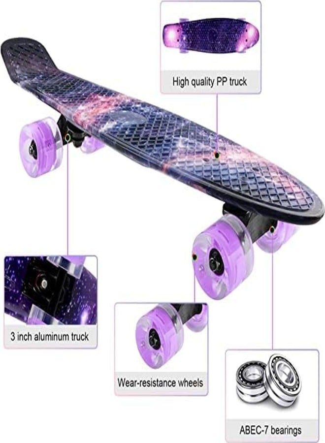 Skateboard 22 Inch Mini Cruiser Skateboard Complete Skateboard with LED PU Wheel Plastic Retro Board Classic Skateboard Light Up Starry Sky Skateboard for Kids Beginner Girls Boys Adult Teens