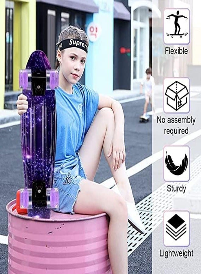 Skateboard 22 Inch Mini Cruiser Skateboard Complete Skateboard with LED PU Wheel Plastic Retro Board Classic Skateboard Light Up Starry Sky Skateboard for Kids Beginner Girls Boys Adult Teens