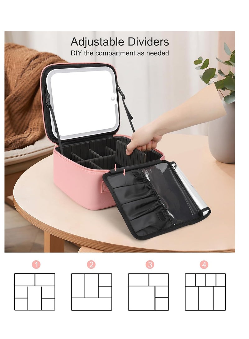 Relavel Makeup Bag with Light Up Mirror, Makeup Case Travel Cosmetic Bags Brush Organizer Storage Box, Rechargeable Vanity Mirror with 3 Color Lights, High Frame Mirror Protection (Pink)