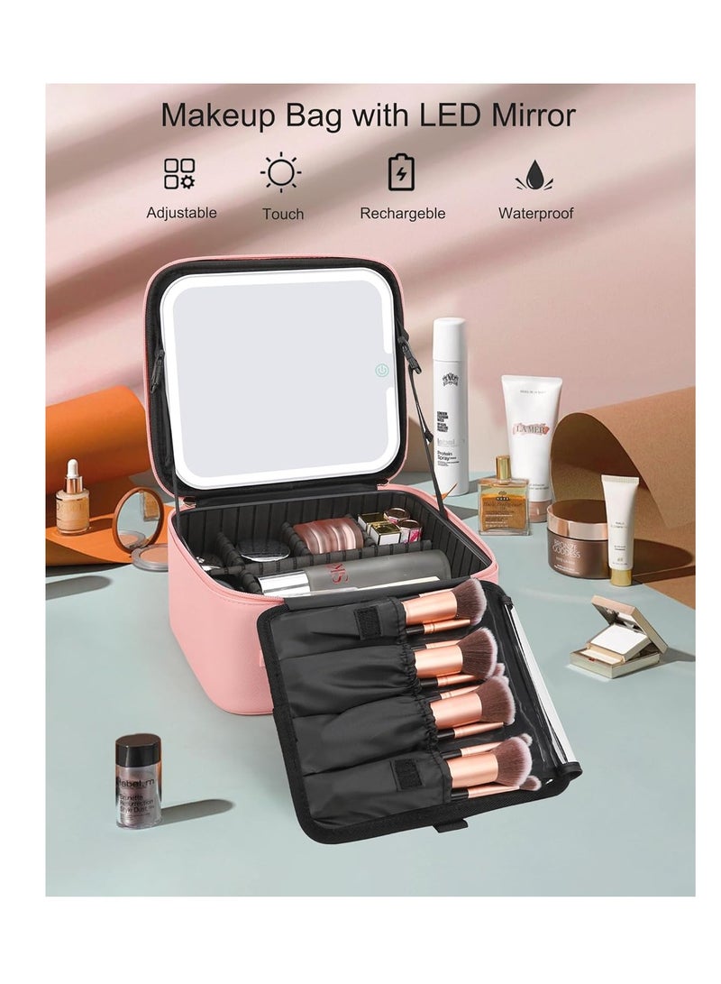 Relavel Makeup Bag with Light Up Mirror, Makeup Case Travel Cosmetic Bags Brush Organizer Storage Box, Rechargeable Vanity Mirror with 3 Color Lights, High Frame Mirror Protection (Pink)