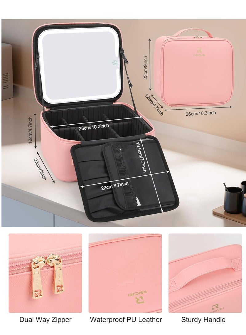 Relavel Makeup Bag with Light Up Mirror, Makeup Case Travel Cosmetic Bags Brush Organizer Storage Box, Rechargeable Vanity Mirror with 3 Color Lights, High Frame Mirror Protection (Pink)