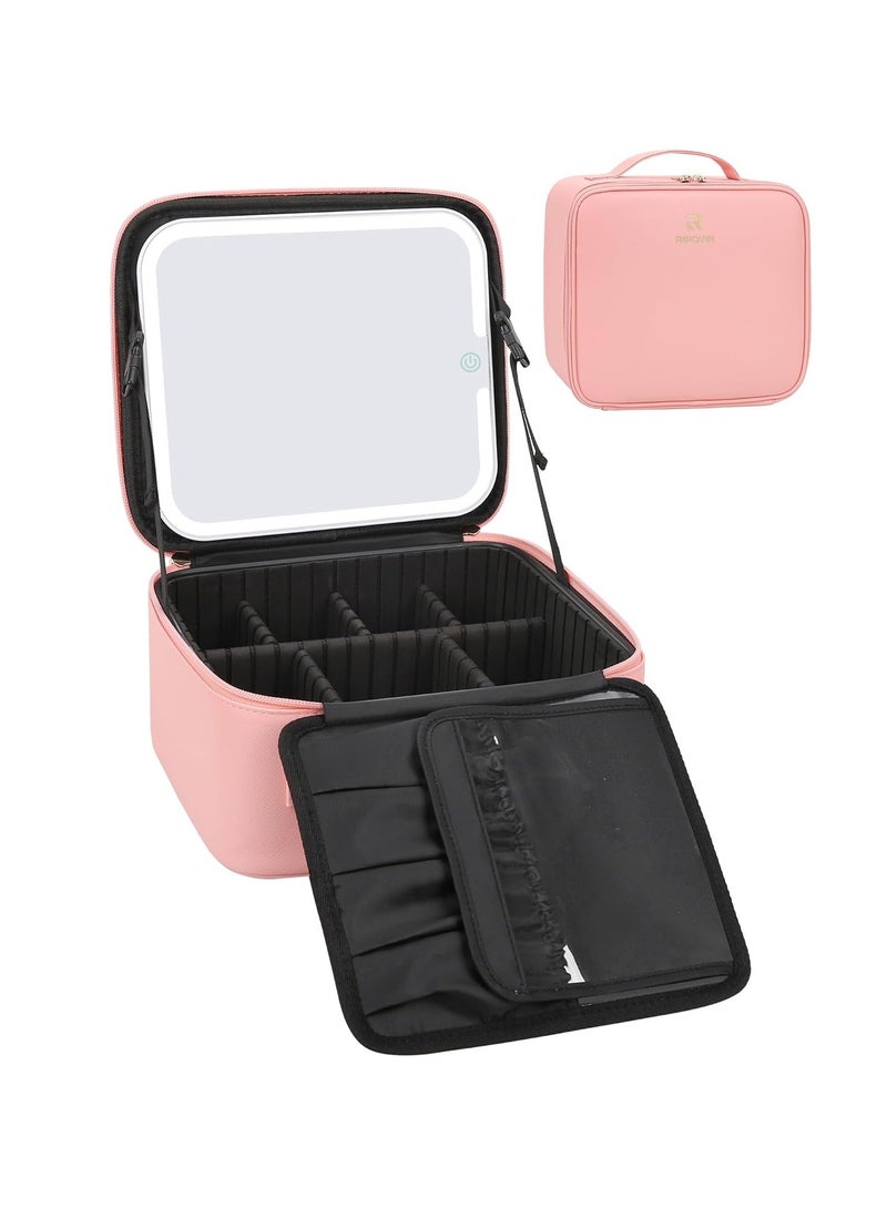 Relavel Makeup Bag with Light Up Mirror, Makeup Case Travel Cosmetic Bags Brush Organizer Storage Box, Rechargeable Vanity Mirror with 3 Color Lights, High Frame Mirror Protection (Pink)