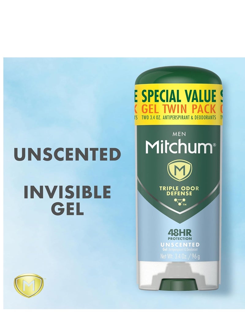 Mitchum Men's Deodorant, Antiperspirant, Triple Odor Defense Gel Stick, 48 Hr Protection, Dermatologist Tested, Alcohol Free, Unscented, 3.4 Oz (Pack of 2)