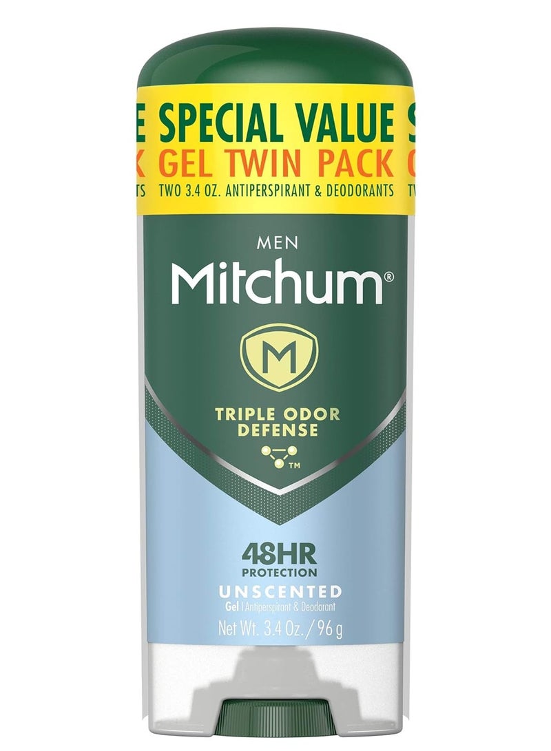 Mitchum Men's Deodorant, Antiperspirant, Triple Odor Defense Gel Stick, 48 Hr Protection, Dermatologist Tested, Alcohol Free, Unscented, 3.4 Oz (Pack of 2)