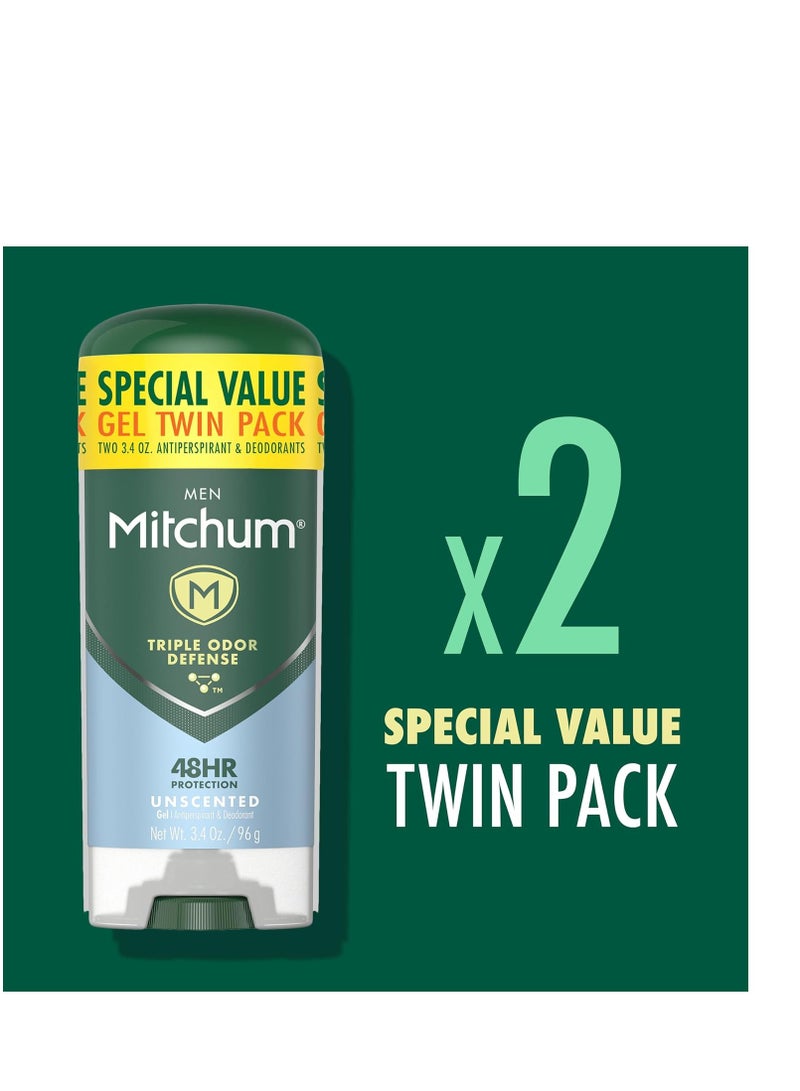 Mitchum Men's Deodorant, Antiperspirant, Triple Odor Defense Gel Stick, 48 Hr Protection, Dermatologist Tested, Alcohol Free, Unscented, 3.4 Oz (Pack of 2)