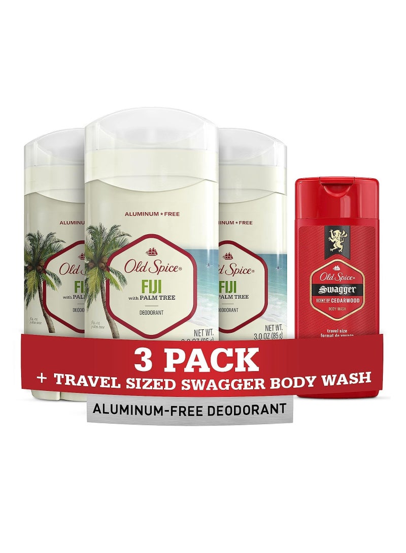 Old Spice Men's Deodorant Aluminum-Free Fiji with Palm Tree, 3oz (Pack of 3) with Travel-Size Swagger Body Wash