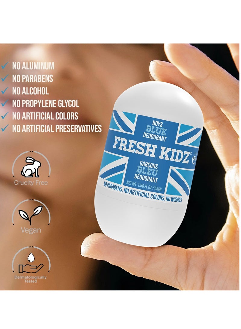 Fresh Kidz Roll On Deodorant for Kids and Teens - Baking Soda and Aluminum-free 24 Hour Protection for Sensitive Skin - Boys 